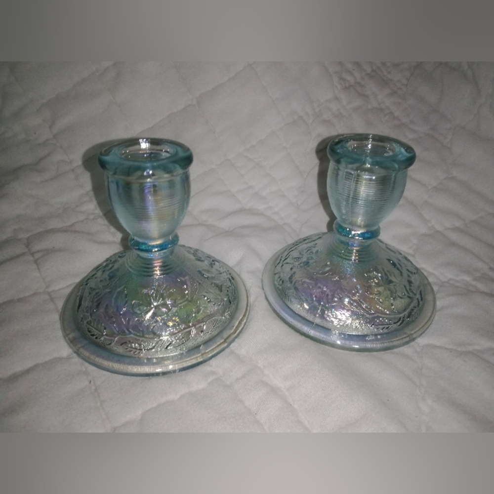 Iridescent Ribbed Floral Pressed Glass Candle Stick Holders by Imperial Glass